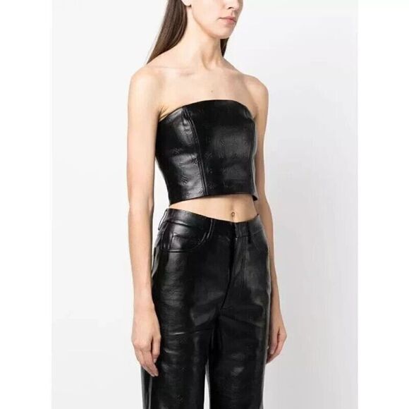 ROTATE BIRGER CHRISTENSEN Emili Crop Top Faux Leather Black Logo-Embossed Size 4 - Picture 1 of 6